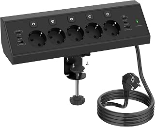 Table Socket with USB C 20W, 5-Way Multiple Sockets with Switch, Power Strip with Surge Protection, Power Strip Desk with Removable Table Bracket, Corner Socket for Kitchen and Office, 1.8m Cable