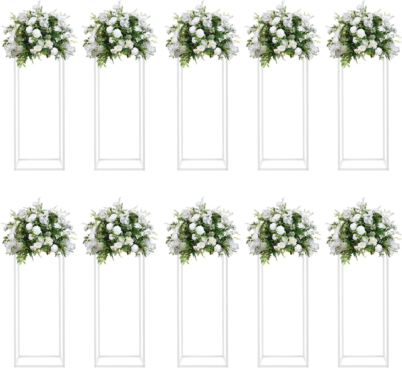 Column Flower Stand 10pcs White Vase Metal Stand for Wedding 24x24x60cm Geometric Flower Vase for Events Reception, Party Road Leads, Home Decorations