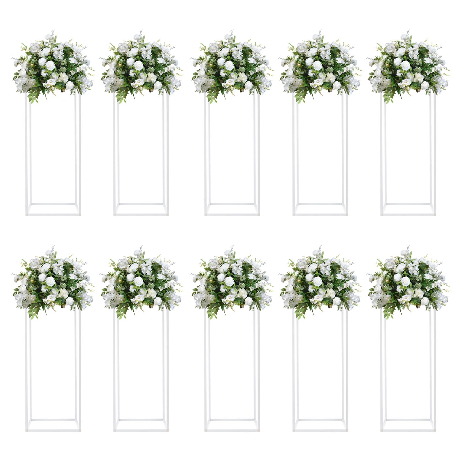 Giniania 10Pcs White 10 Pcs White Flower Stand Wedding, 60Cm Tall Metal Column Vase For Table Centrepieces, Rectangular Geometric Floor Rack For Birthday Party Anniversary Living Room Decorations