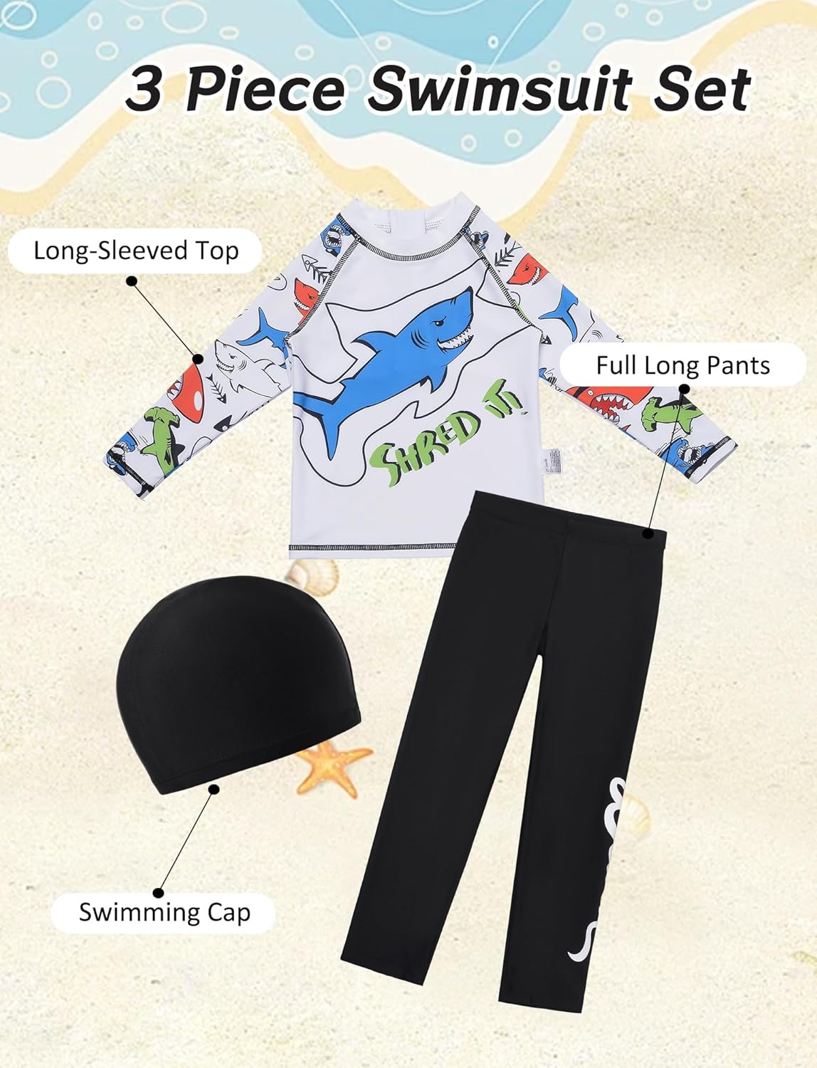 Boys 3 Piece Rash Guard Swimsuits Kids Long Sleeve Swimwear Long Pants Surf Bathing Suit Set with Cap