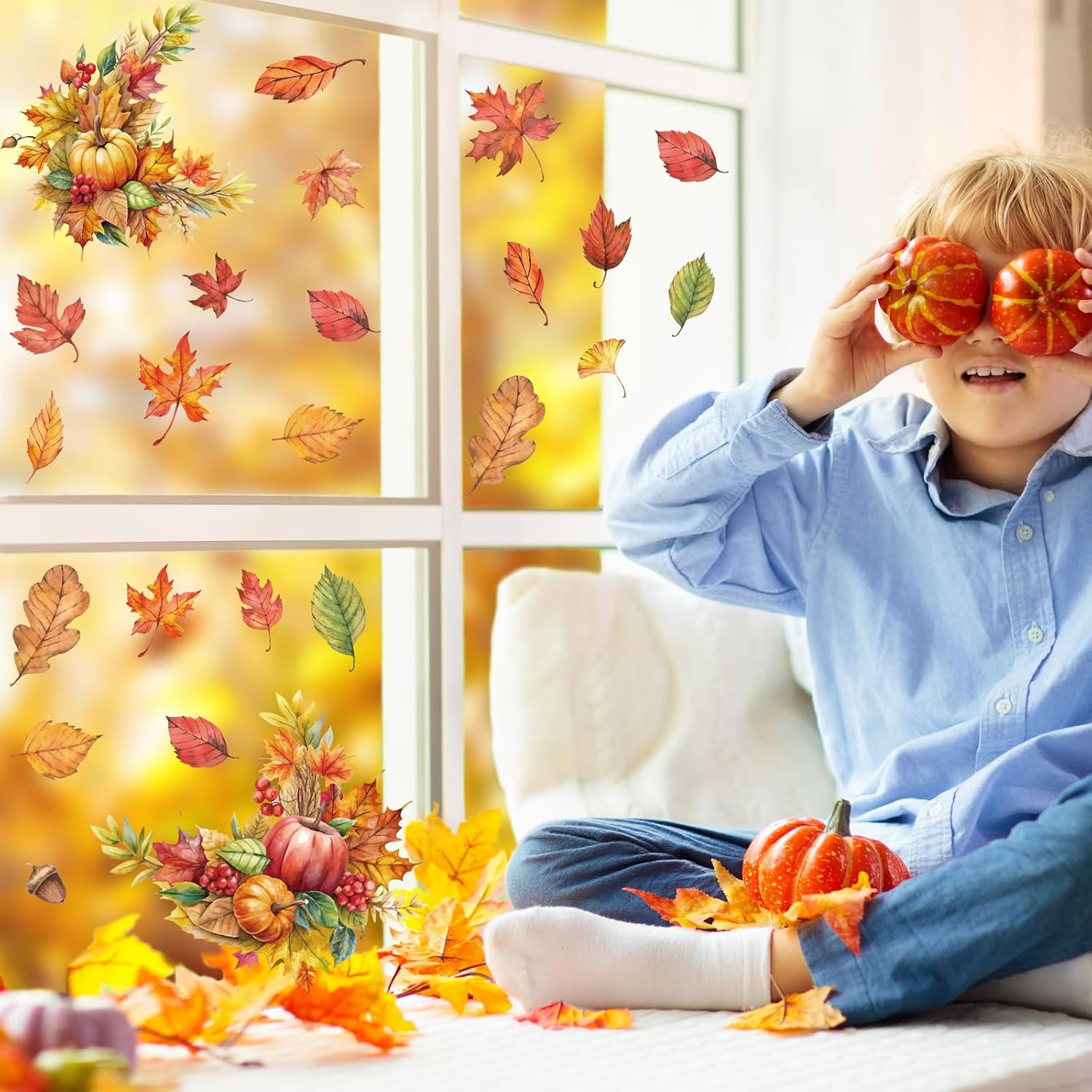 5 Sheet Fall Thanksgiving Window Cling, Maple Leaf Pumpkin