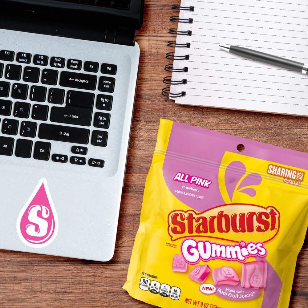 STARBURST Gummies All Pink Gummy Candy Strawberry Flavored Chewy Snacks Bulk, Sharing Size, 9 oz Candy Bags (Pack of 8) for Pink Buffets, Party Favors, and More