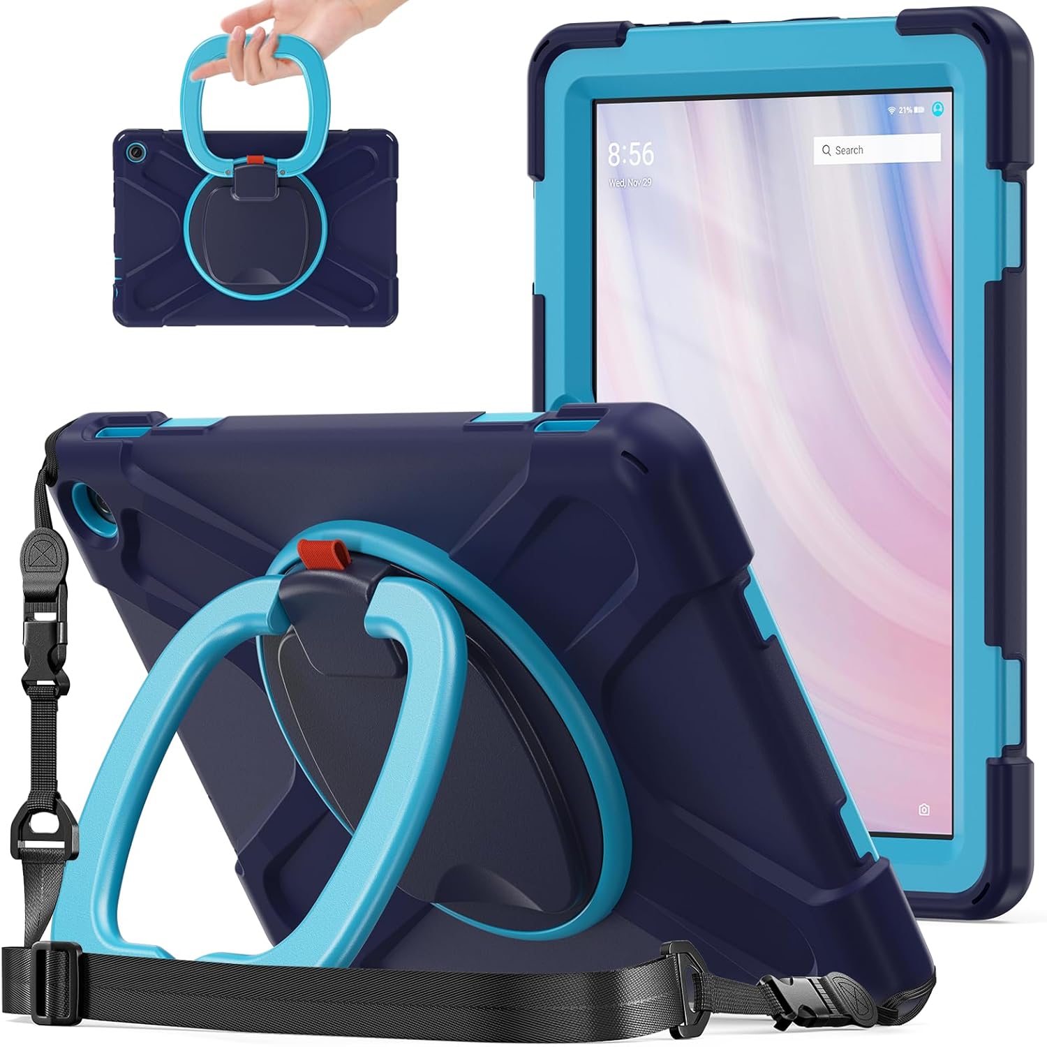 All-New Fire HD 10 & Fire HD 10 Kids Pro Tablet Case (13th Gen, 2023 Release),Heavy Sturdy Shockproof Kids Case,Rotating Stand/Carrying Strap (Navy Blue+Blue)