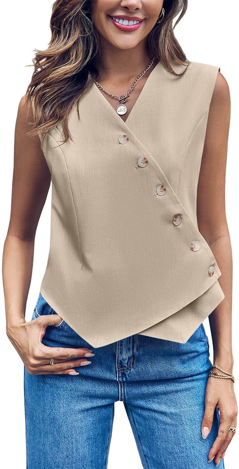 Cicy Bell Womens Waistcoat Vest Sleeveless Blazers V Neck Button Up Asymmetrical Hem Work Office Suit Vests - Image 5