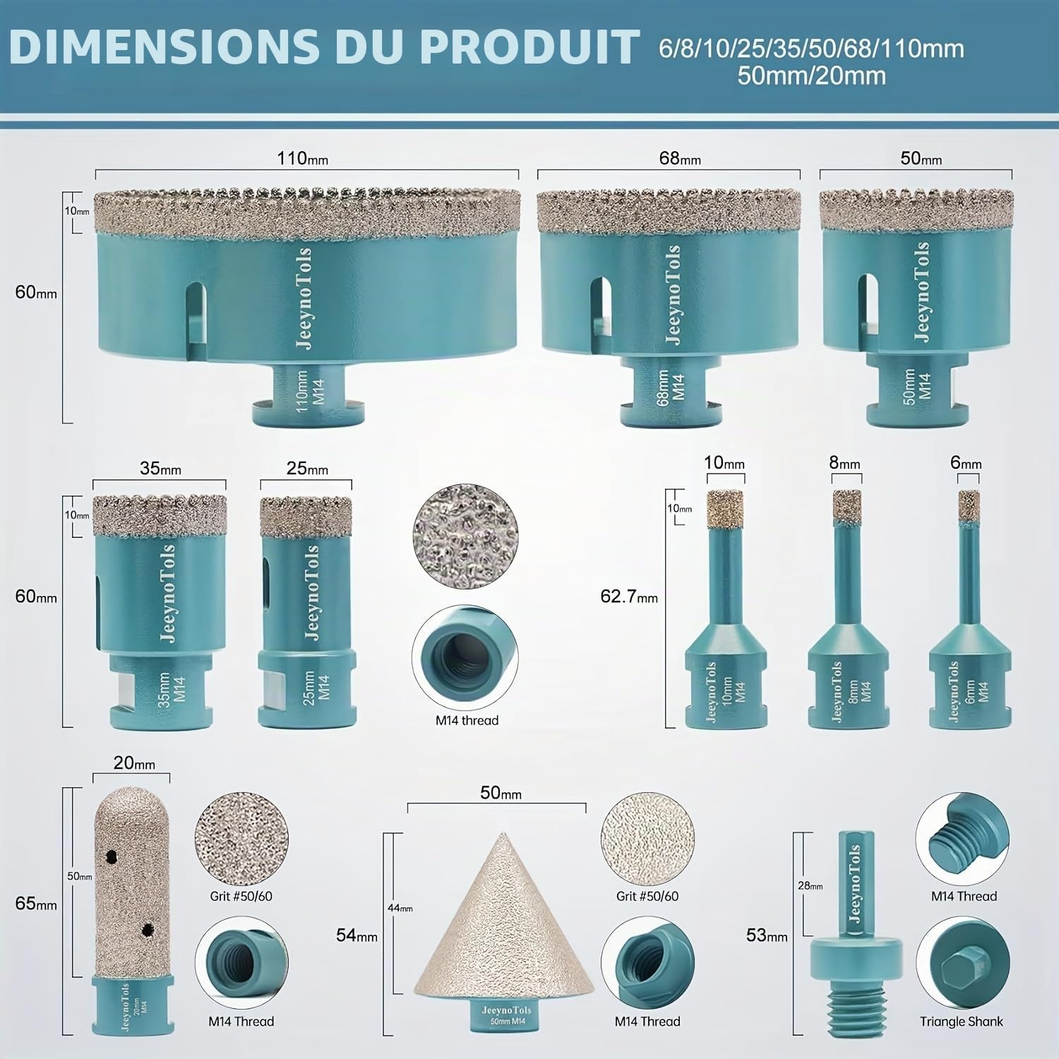 Foret diamant kit 11 pièces (6/8/10/25/35/50/68/110mm+ Mèche fraiser 20mm + Mèche chanfreiner 50mm + adaptateur queue hexagonale) - JeeynoTols trou pour carrelage avec filetage M14.