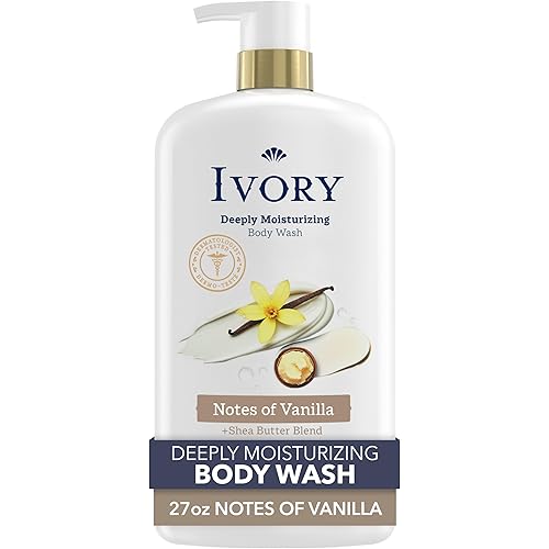 Ivory Body Wash, Deeply Moisturizing, 24hr Nourishing Hydration, Soothes Itchy Dry Skin, Made with Shea Butter Blend, Free of Dyes Heavy Perfumes Parabens & Phthalates, Vanilla Scent, 27 oz