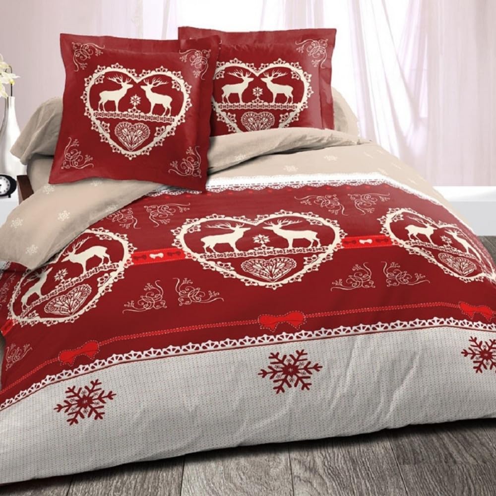 Housse de Couette Chalet Winter Rouge + 2 taies 100% Coton 220x240 cm