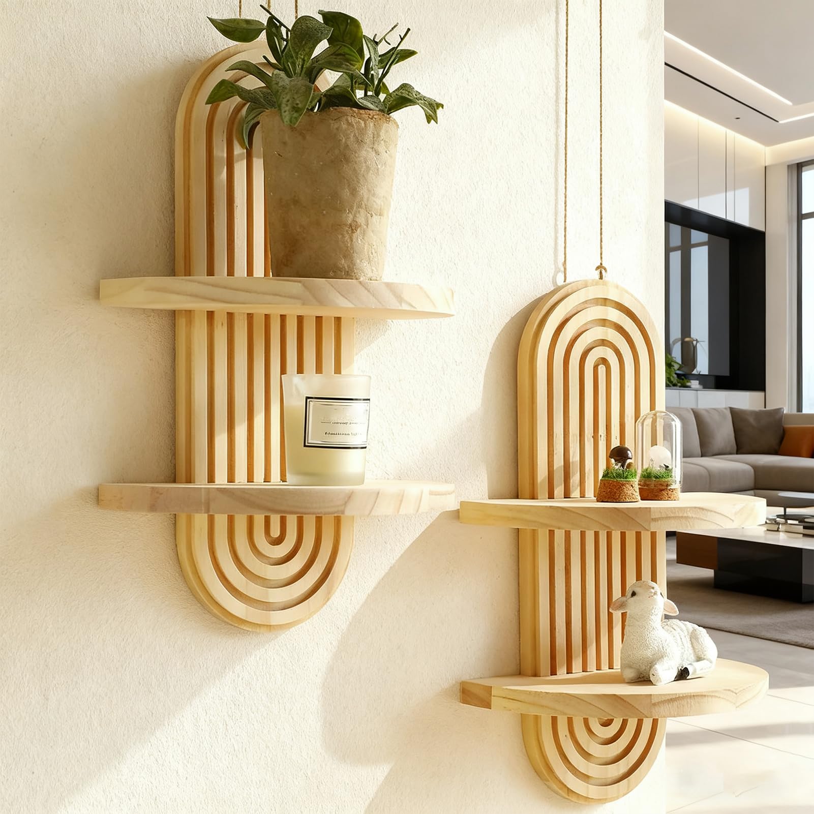 Étagère murale bois ovale bohème pour un salon et une chambre apaisants
