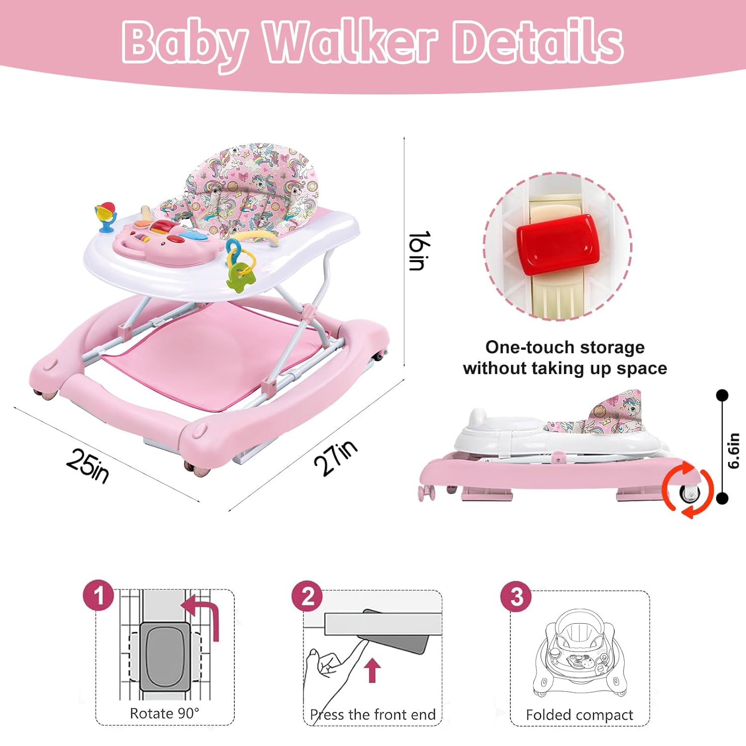 5 in 1 Foldable Baby Walker, Activity Baby Walker-Baby Bouncer, Rocker, Activity Center,Seat and Push Walker,Detachable Trampoline Mat, Adjustable Speed Rear Wheels and Height,Ages 6-18 Months(Pink) - Image 7