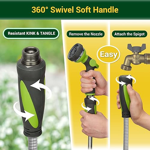 Miniatura 5 de Manguera de jardín  Manguera de agua de 50 pies con mango giratorio, flexible, resistente, sin torceduras, manguera de metal ligera para exteriores,