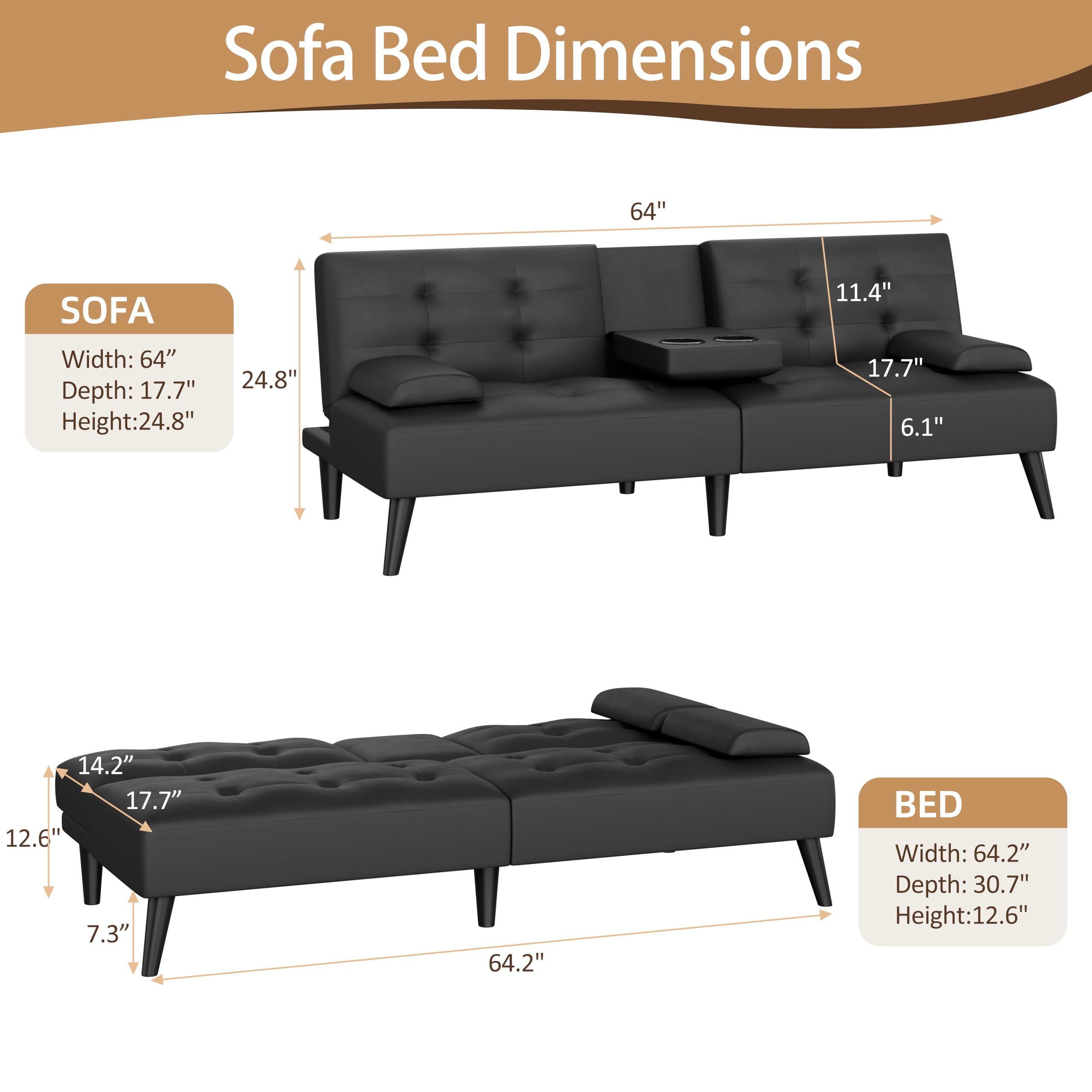 Futon Sofa Bed, 64" Small Futon Couch with Adjustable Backrest, 3-Angle Recliner, Detachable Armrests with Cup Holders for Small Spaces, Living Room, Office, Apartment, (Black Leather)