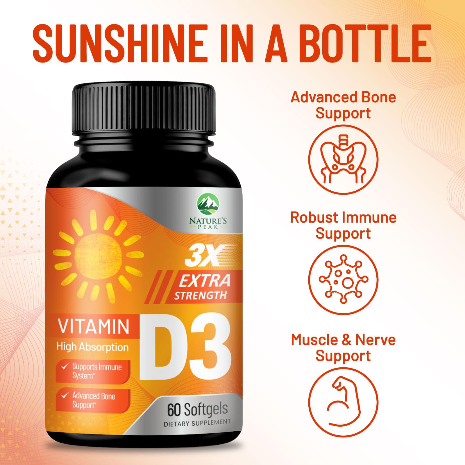 Vitamin D-3 5000 IU (125 mcg) Per Serving Softgels - Extra Strength Vitamins D Dietary Supplement for Bone, Teeth, Muscle Health & Immune Support, Rapid Absorbtion USA Bottled, Gluten Free - 60 Count — Amazon image 5