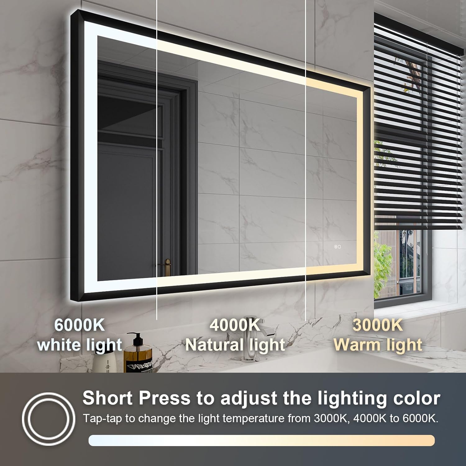 24"x 32" LED Bathroom Mirror with Black Frame, Stepless Dimmable, Anti-Fog, Shatter-Proof, Memory, 3 Colors, LED Vanity Mirror