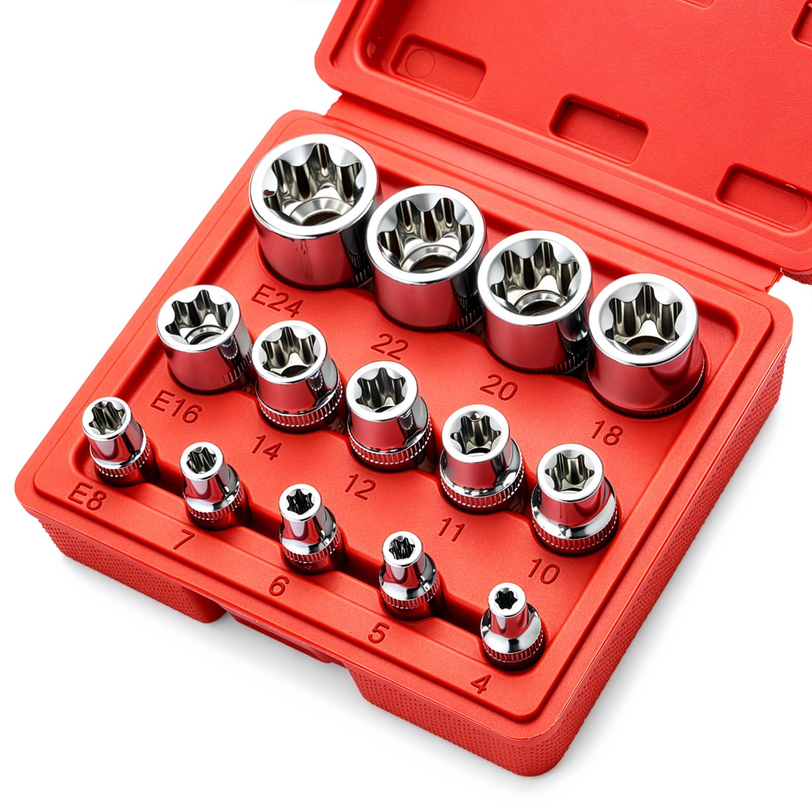 EVERGOODS 14PCS Female E-Torx Socket Set E4–E24, External Star Socket Set with 1/4"", 3/8"", 1/2"" Drive, Chrome Vanadium Steel E Torx Socket Set with Storage Case for Auto Repair