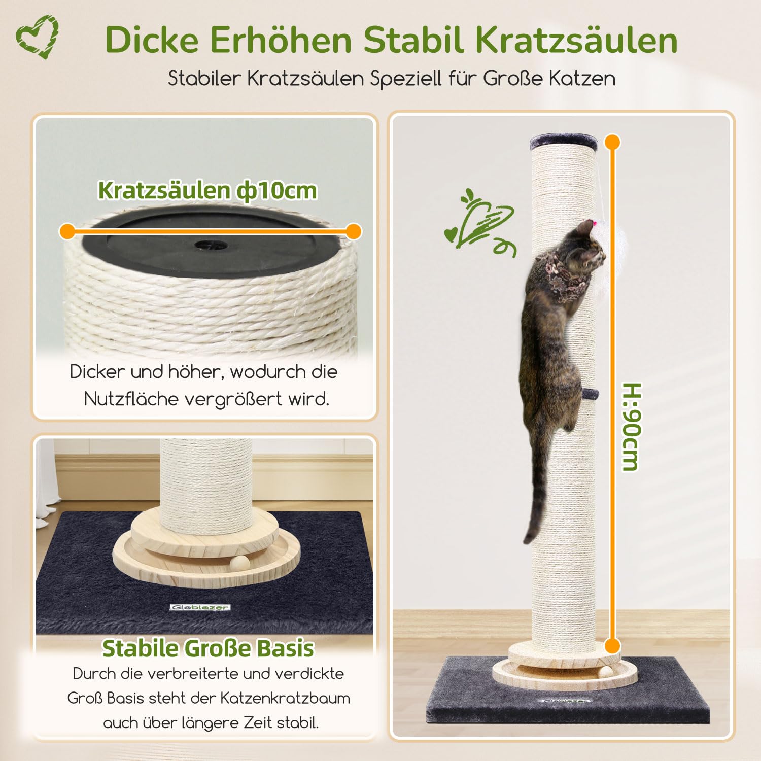 Globlazer Kratzstamm XXL, Kratzsäule Groß Stabil hoch 90 cm & 50 cm 2 IN 1 mit Plüsch Katzenspielzeug 11cm Dicker Stamm Sisal Holz Trackingball, Kratzbaum XXL für Große Katzen (SC35, Dunkelgrau)