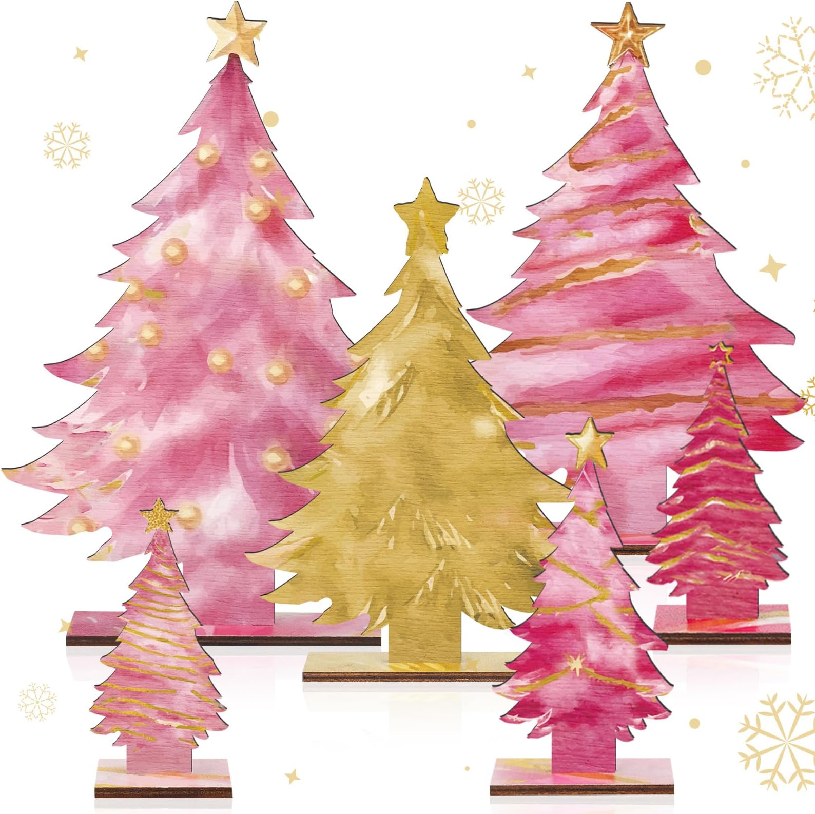6 Pcs Pink Gold Wooden Christmas Trees Tabletop Decor Rustic Wood Christmas Trees Xmas Centerpieces Table Wooden Signs Farmhouse Table Home Decor for Home Office Farmhouse