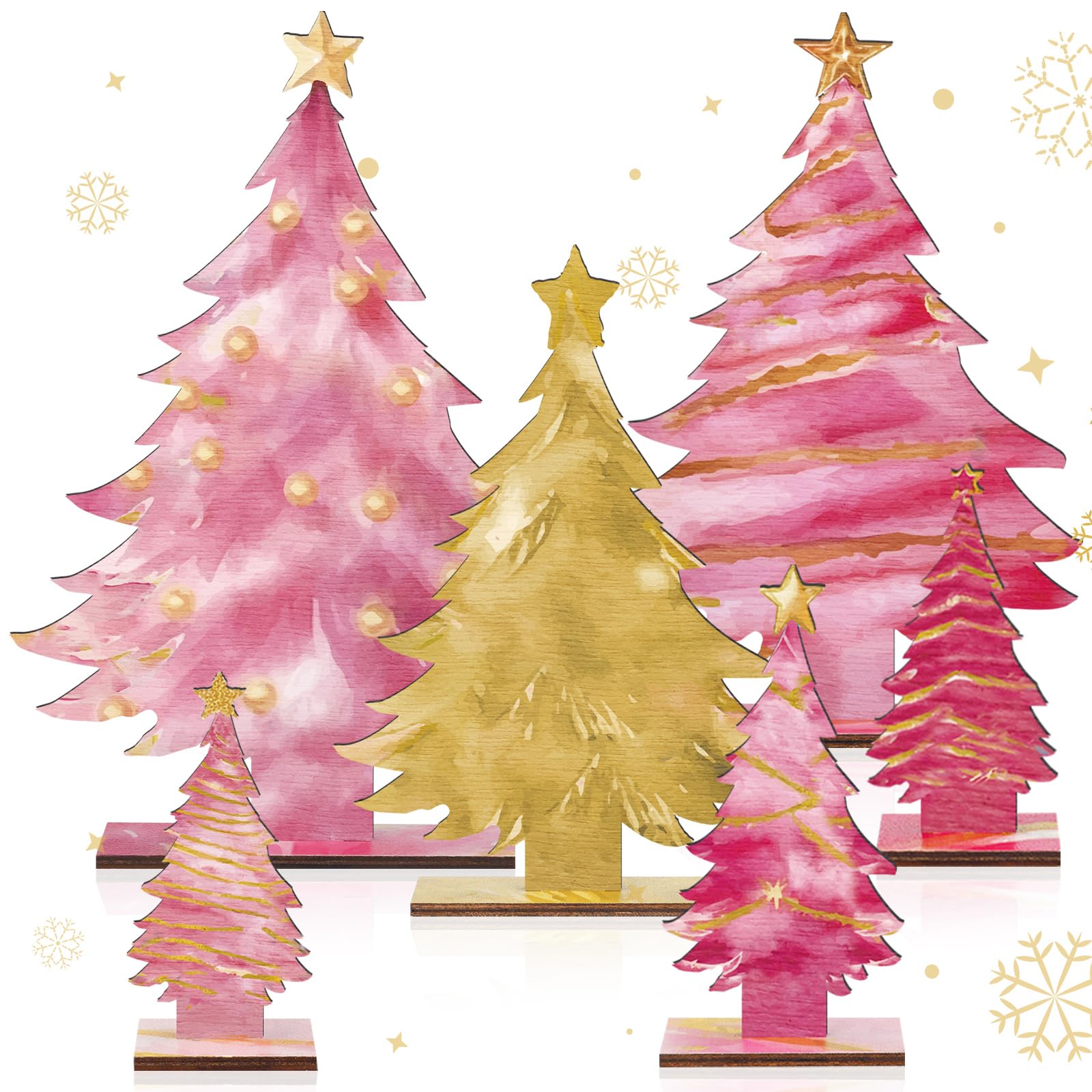 6 Pcs Pink Gold Wooden Christmas Trees Tabletop Decor Rustic Wood Christmas Trees Xmas Centerpieces Table Wooden Signs Farmhouse Table Home Decor for Home Office Farmhouse