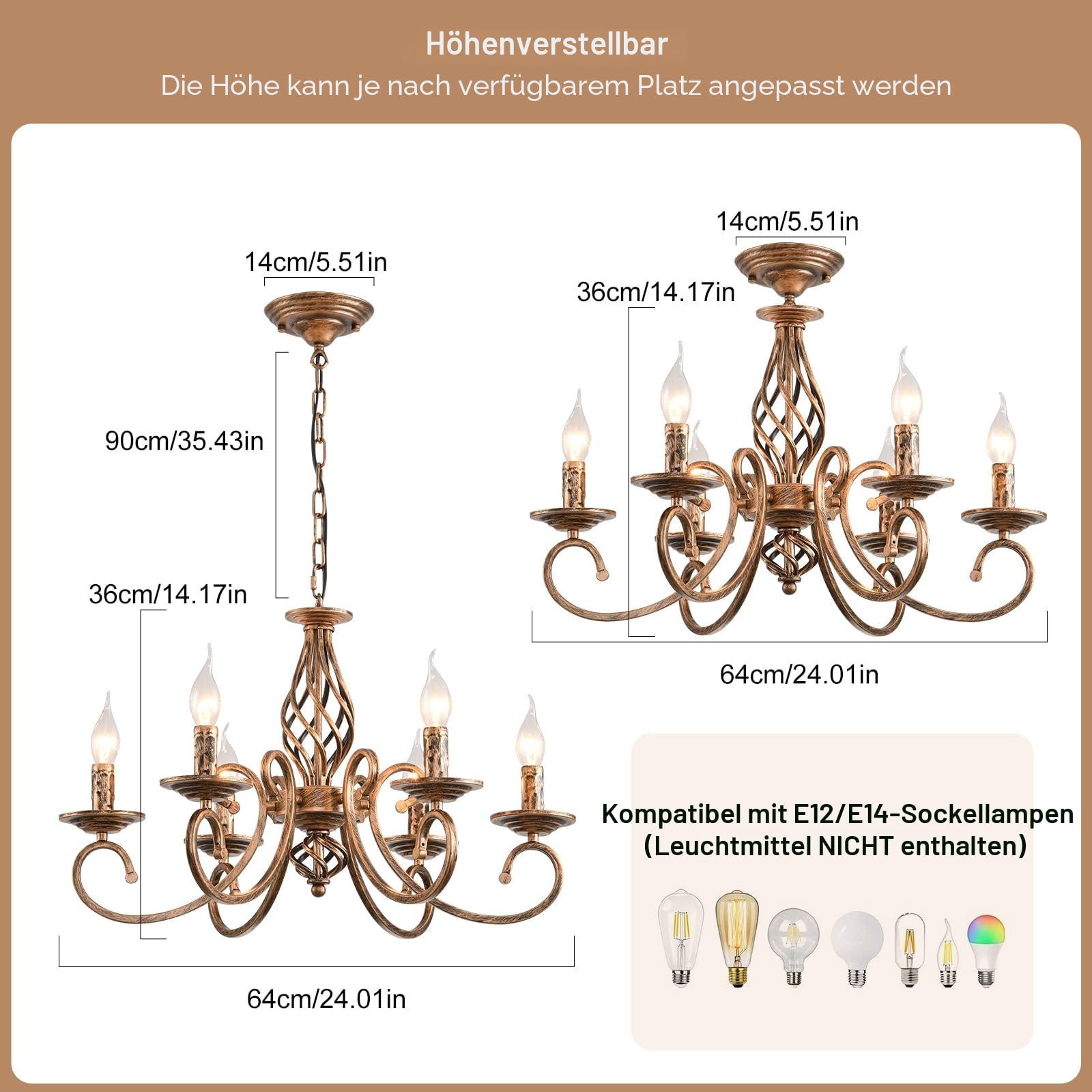 Ganeed Rustik Kronleuchter Französisch Landhaus Vintage Kronleuchter Metall in Antik Pendelleuchte für Kücheninsel Bauernhaus Esszimmer Wohnzimmer Bronze 6 Licht