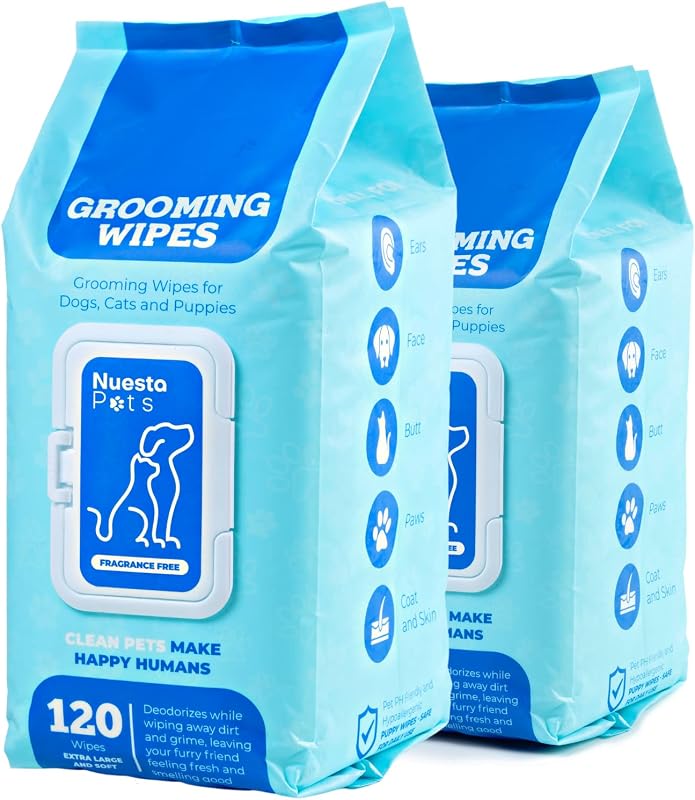 Pets XL Hypoallergenic Dogs Puppy Grooming Cloths -120 Wipes, 2 Pack | Deodorizing no bath cleaning ear, face, butt, paw wet towelettes w/ aloe, chamomile, oat amino acids; gentle daily wash