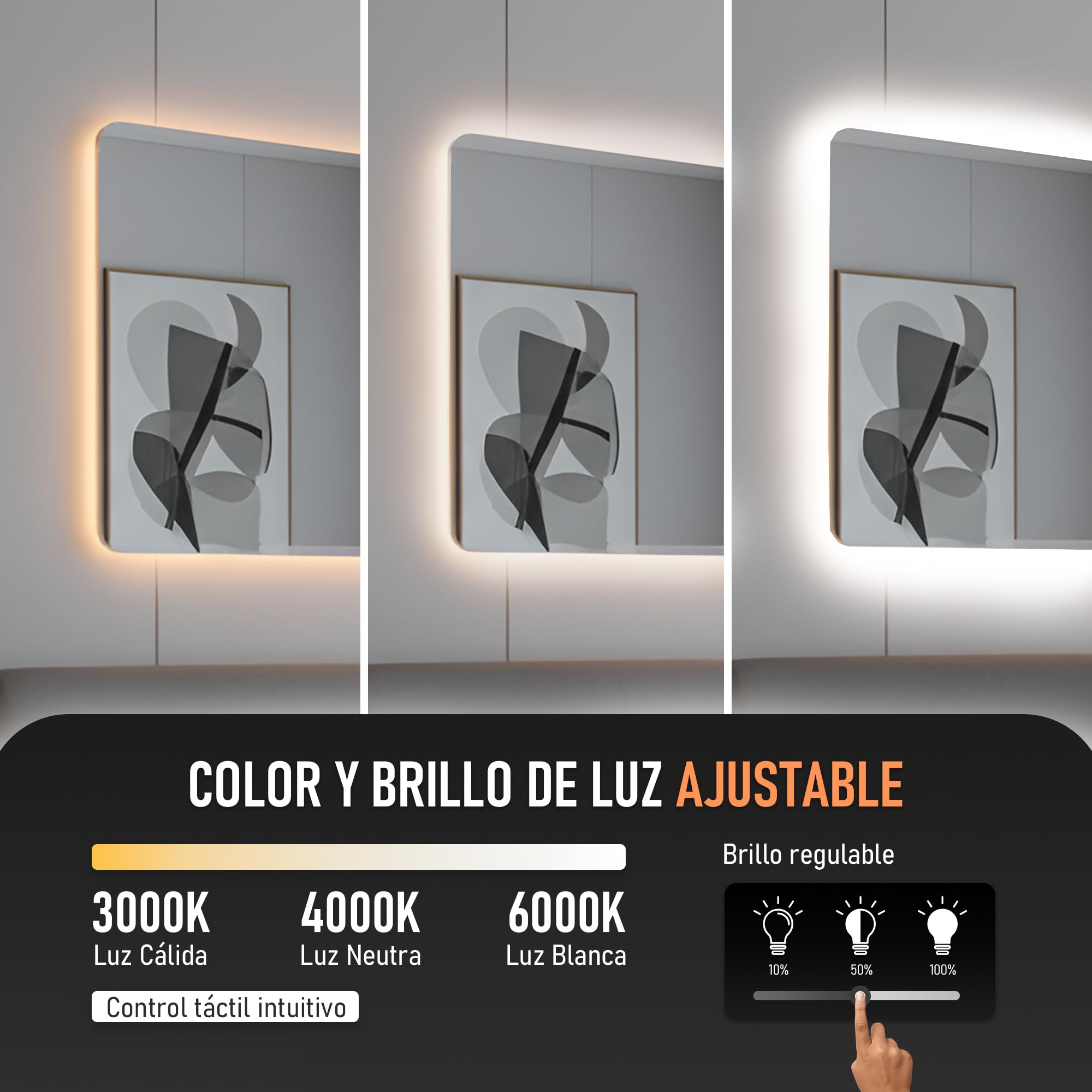 Espejo de Pared Decorativo con Luz LED Regulable 3000K/4000K/6000K【70x50 cm】 Diseño Rectangular, Función Antivaho con Interruptor Táctil e Instalación Fácil