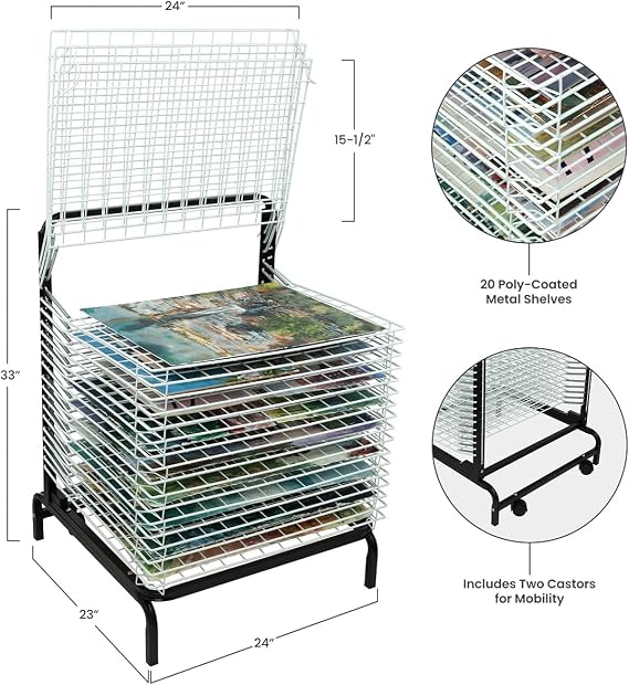 Creative Mark Stack N Dry Floor Art Drying Rack, Mobile Art Rack Stand on Wheels with 20 Coated Metal Spring-Loaded Shelves, for Watercolor, Prints, Paper and Canvas Storage