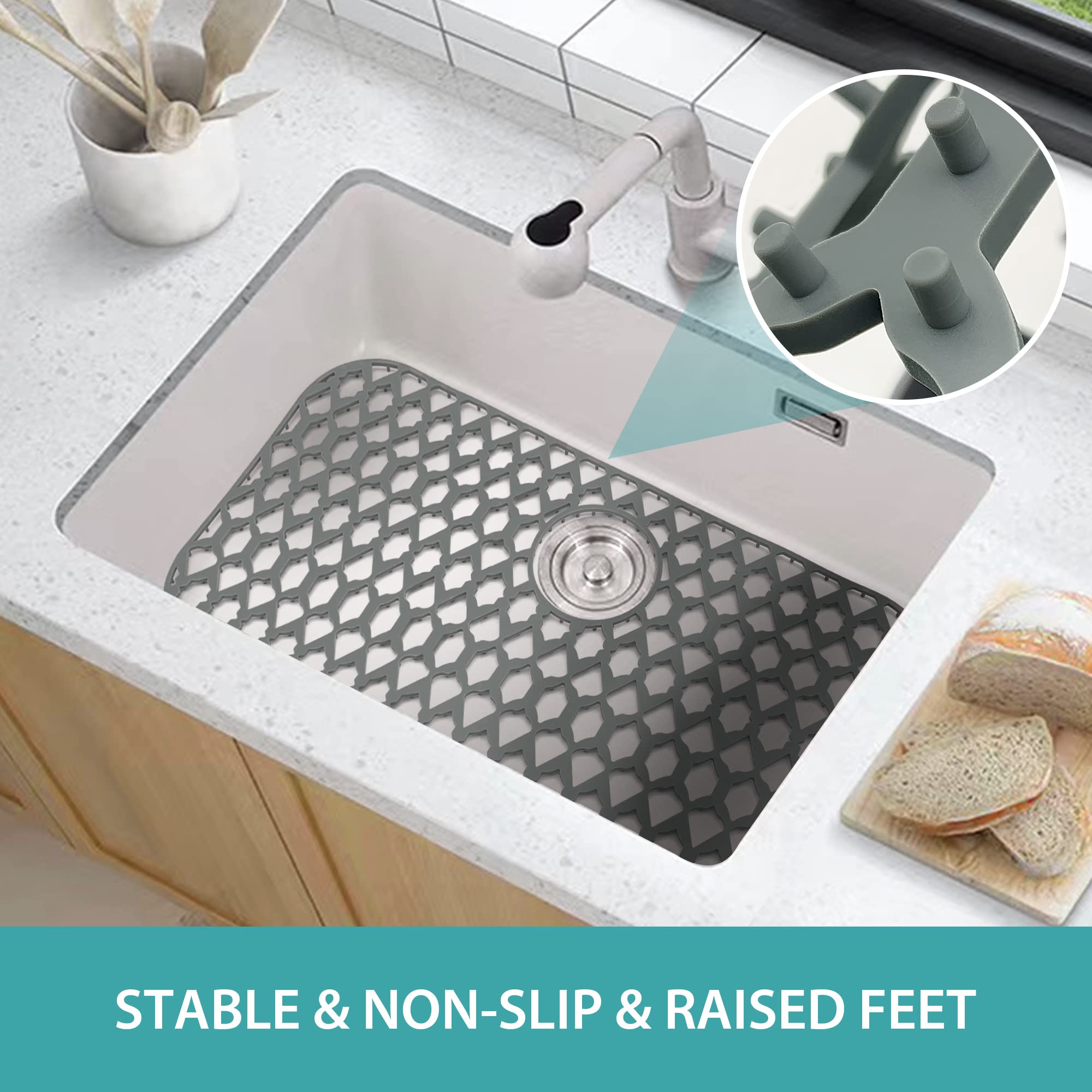 SAMSIER Sink Protectors for Kitchen Sink 19x14 & 21x16 & 26x14 & 28x14.4 & 30x16, Large Silicone Sink Mats Grid for Bottom of Farmhouse Stainless Steel Sink (28�x14.4�, Rear Drain)
