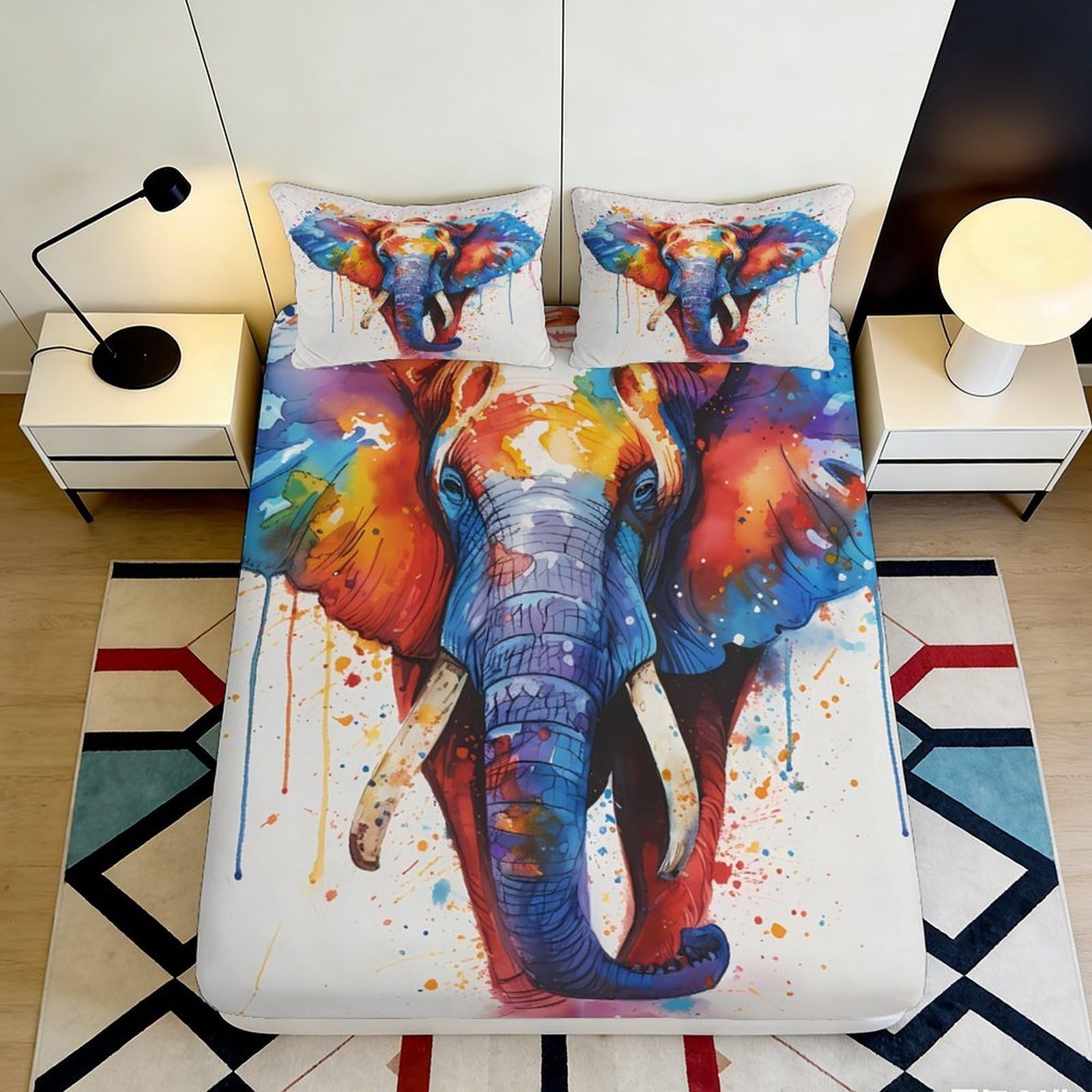 3D Printed Elephant Pattern Fitted Sheet Microfiber Deep Pocket Non-Slip Bedding Set Elephant Mattress Fitted Cover for Adults Teens Machine Washable 90x200x25cm