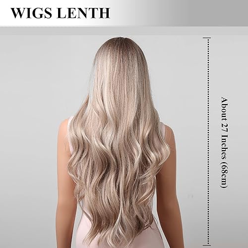 Miniatura 6 de INSGOGO Pelucas rubias largas para mujeres blancas, densidad 150, resistente al calor, peluca sintética natural ondulada de 27 pulgadas, peluca de