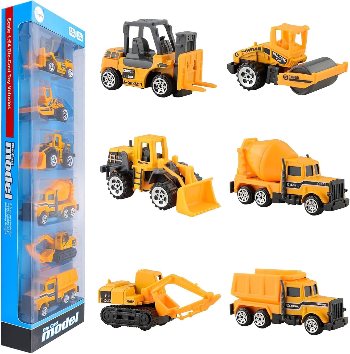 BenRich 6Pcs Mini Die Cast Car 1/64 Scale Alloy Construction Truck Vehicle Model Toy Set - Dump, Excavator, Forklift, Road Roller, Bulldozer, Mixer - Toy Cars for Kids Boys Girls Birthday Xmas Present