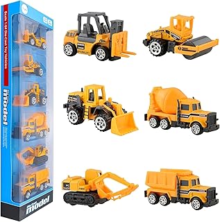 BenRich 6Pcs Mini Die Cast Car 1/64 Scale Alloy Construction Truck Vehicle Model Toy Set - Dump, Excavator, Forklift, Road Roller, Bulldozer, Mixer - Toy Cars for Kids Boys Girls Birthday Xmas Present