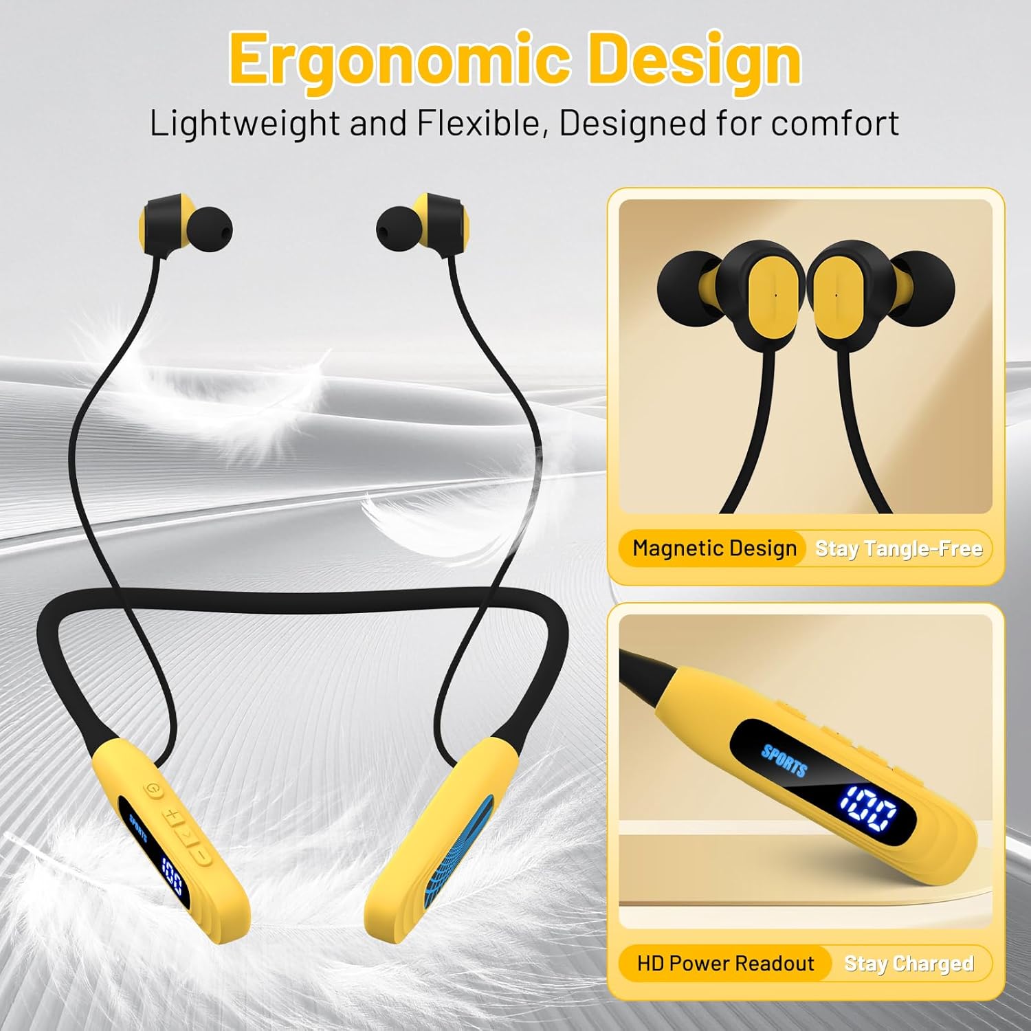 Podity Neckband Bluetooth Headphones, 1000H Extra Battery Life with Display Magnetic Earphones,Wireless Stereo Earbuds with Microphone, Waterproof in-Ear Headset for Sports/Workout/Office (Yellow) - Image 7