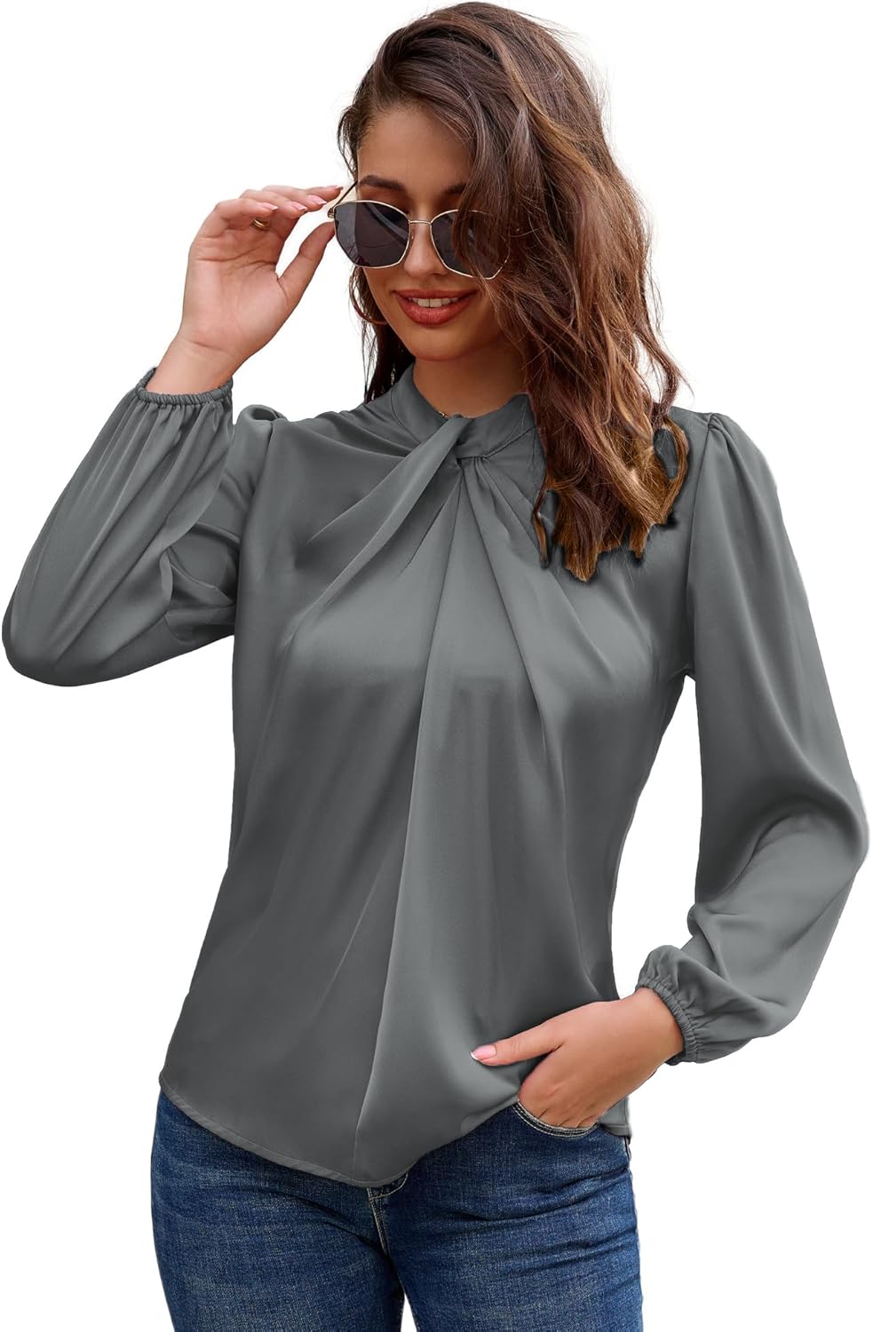 GRACE KARIN Women's Long Sleeve Satin Blouse,Mock Neck Work Silk Shirts,Dressy Tops for Business Casual Office - Image 4