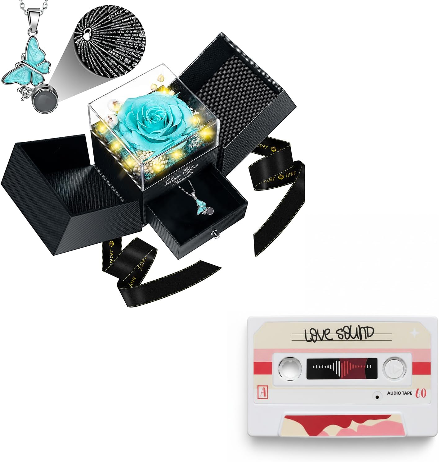 DRTINA Preserved Blue Real Rose Gifts+Voice Recordable Greeting Card Bundle