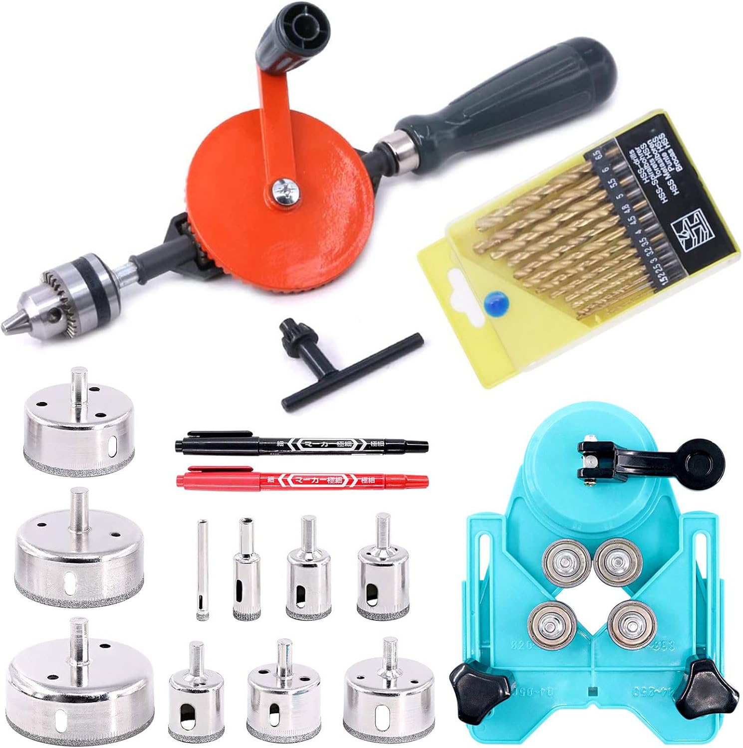 Swpeet 14Pcs Hand Drill and 13Pcs Tile Hole Saw Set