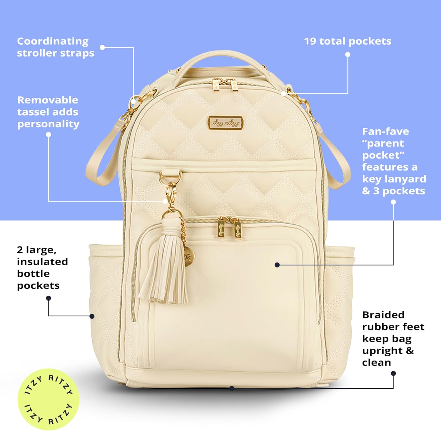 Itzy Ritzy Diaper Bag Backpack – Large Capacity Boss Plus Baby Backpack Diaper Bag Featuring 19 Pockets, Changing Pad, Stroller Clips, and Comfortable Straps (Milk & Honey)
