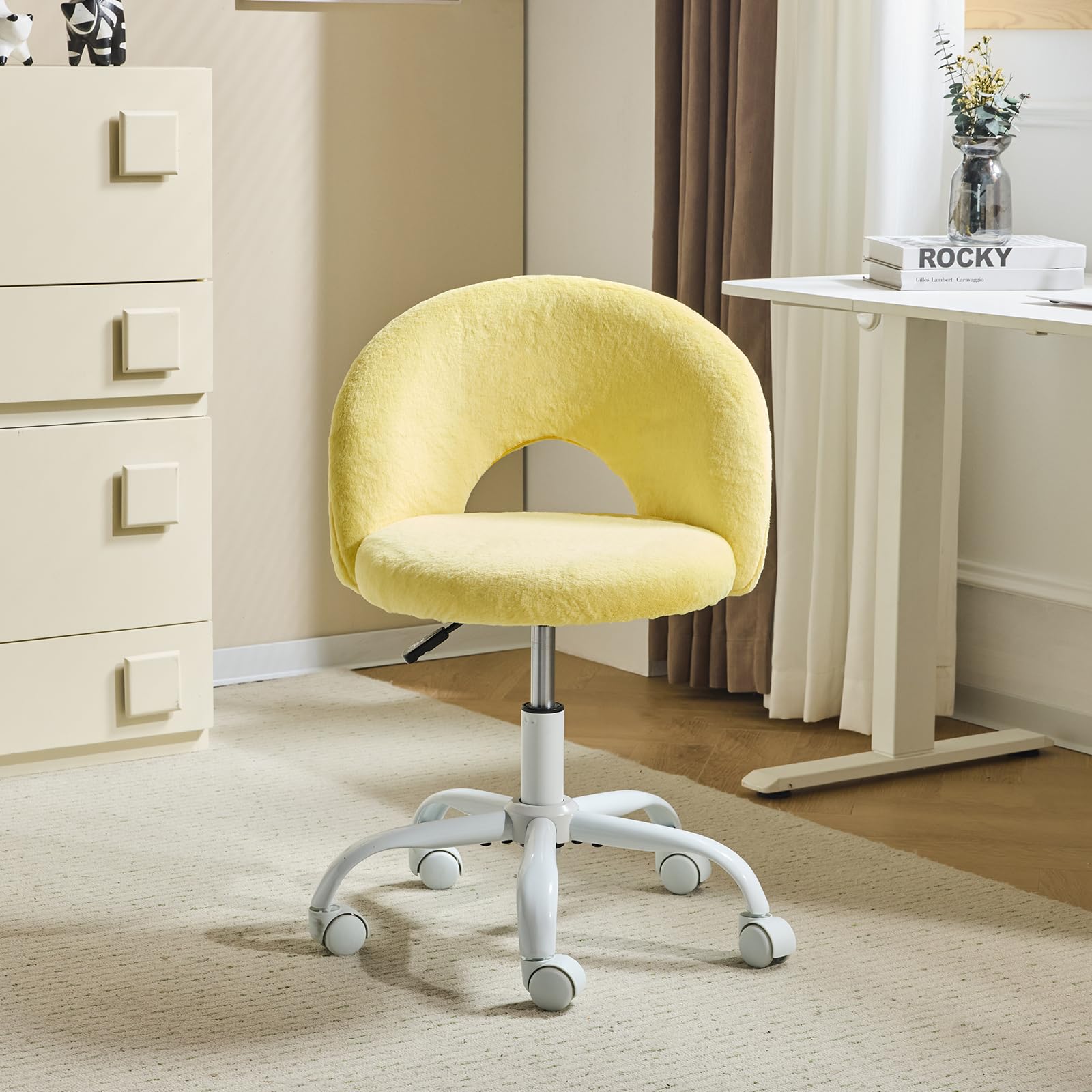 VINGLI Small Vanity Chair with Faux Fur Wheels for Girls,Cute Adjustable Height Armless Office Desk Chair,360°Swivel Comfy Rolling for Study,Make up