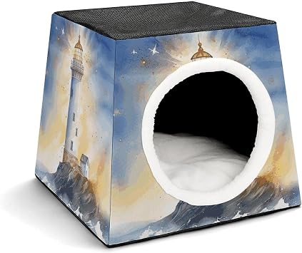 Cat House for Indoor Outdoor Cats Dogs Personalized Cat Cave Cute Lesure Lighthouse Fantasy Light Printed Cat Beds Suitable for Small Sized Pets