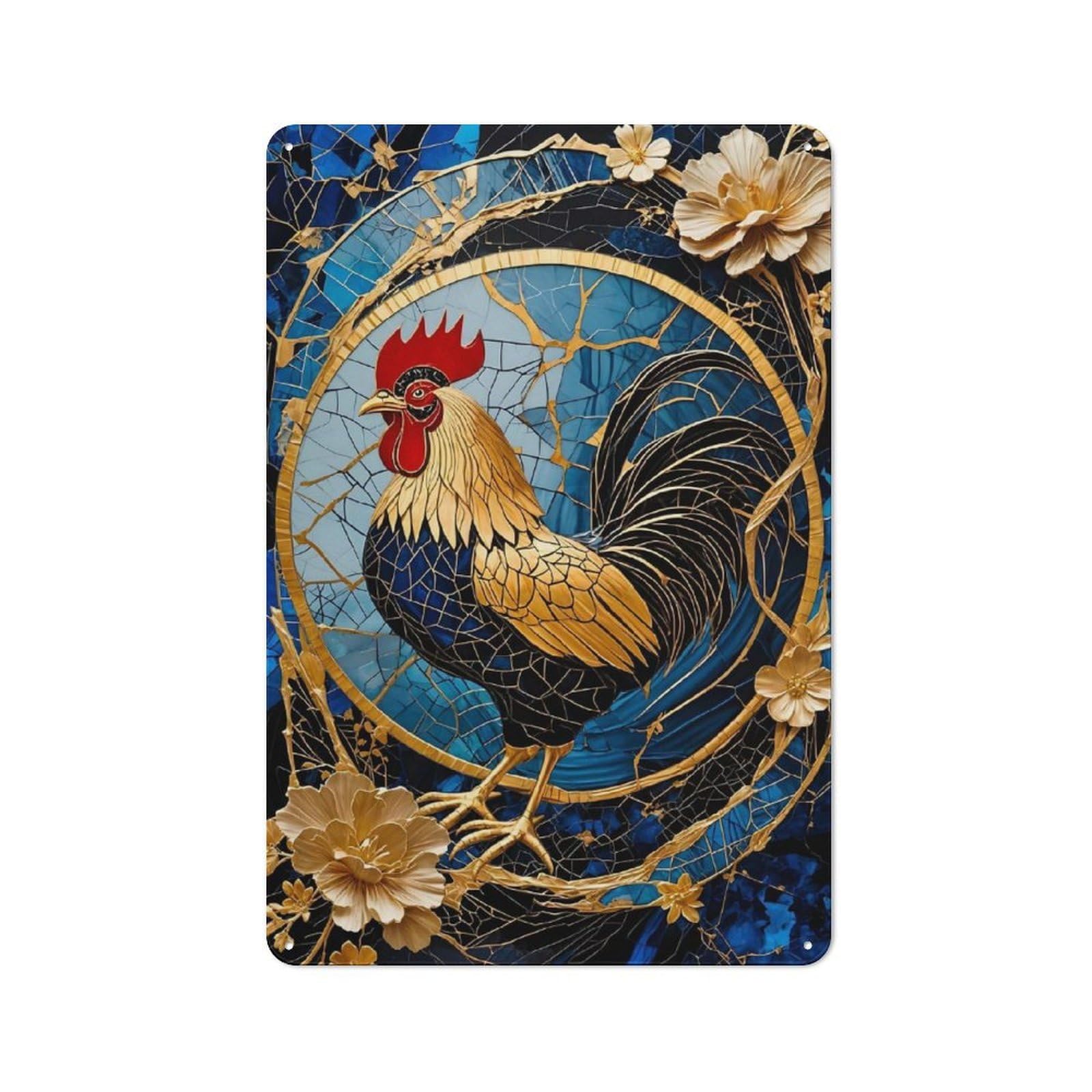 Junmoney Chicken Rooster Kintsugi Art Bistro Style Decorative Metal Plaque 30X20cm, Bistro Wall Plaque For Tea Room, Shop Wall Or Breakfast Area