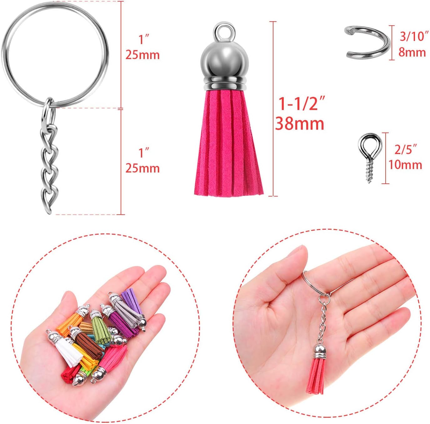 Cridoz Tassel Keychain Set, 400pcs Includes Tassels, Key Chain Rings, Jump Rings & Screw Eye Pins for Acrylic & Resin Keychain Blanks, DIY Craft