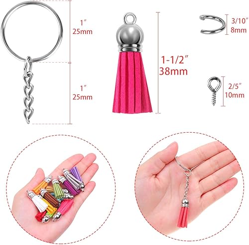 Miniatura 4 de Cridoz Juego de llaveros con borlas, 400 piezas, incluye borlas, llavero, anillos para saltar y pasadores de ojo de tornillo para llavero acrílico y