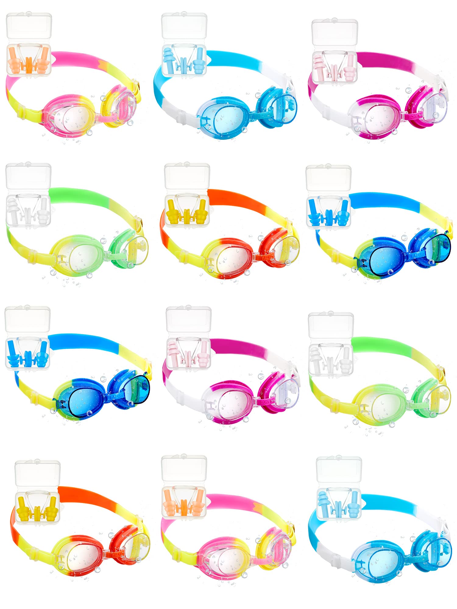 12 Pack Kids Swimming Goggles No Leaking Swim Glasses Adjustable Silicone Water Goggles Clear Vision Swimming Glasses Goggles Multicolor Waterproof Goggles with Ear Plugs Nose Clip Sets, Age 3-12