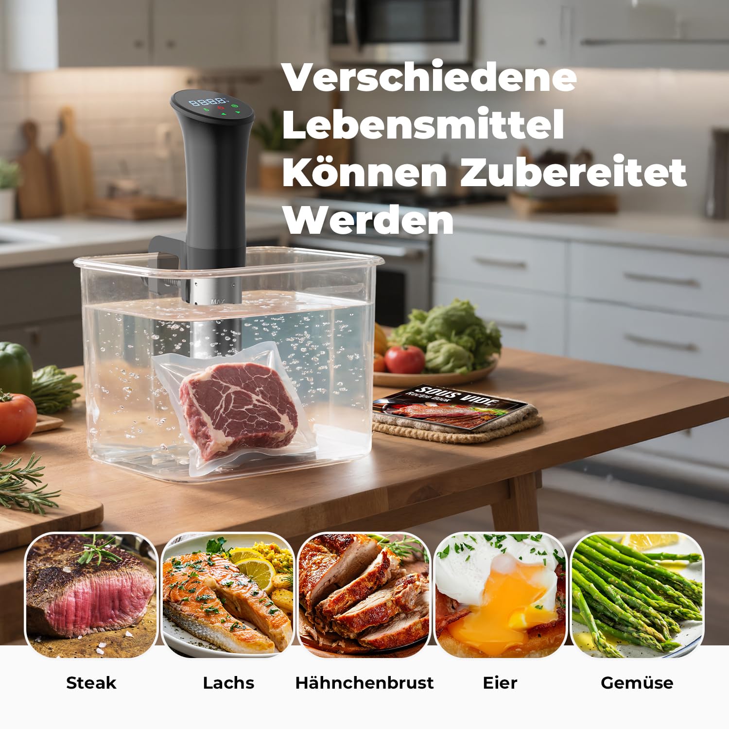 OUSFOT Sous Vide Garer, 0,1°C Präzise Temperaturregelung Sous Vide 3D-Wasserzirkulation,Geeignet für Steak, Lachs, Gemüse und Andere Lebensmittel Gesund und Fettarm,Schwarz