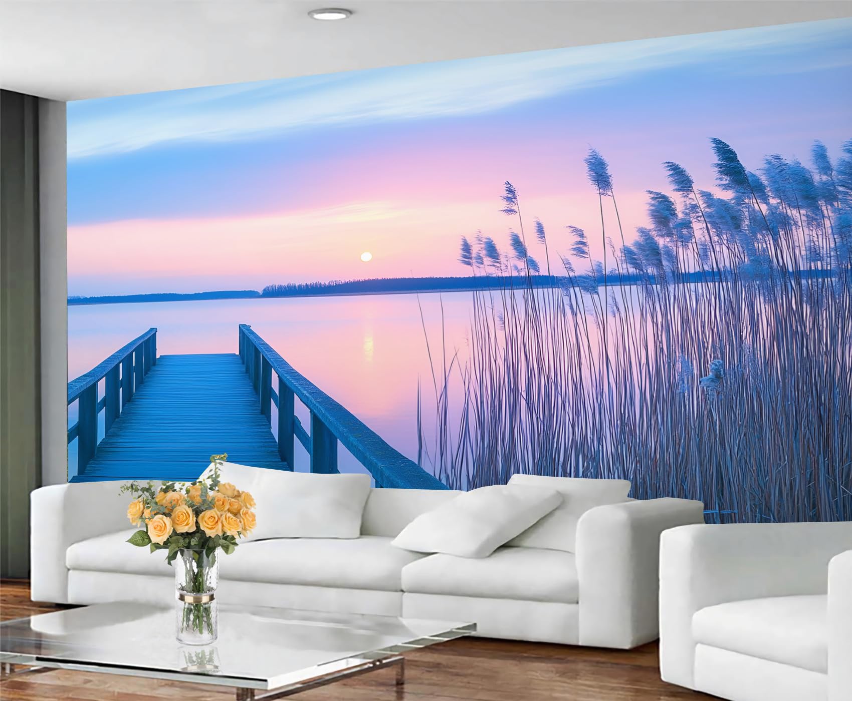 GIVLWF Wallpaper - Landscape Mural & Home Decor, Lake Landscape Bedroom Wallpaper, Sunset Purple Wall Paper for Living Room, Large Mural, Not Self Adhesive
