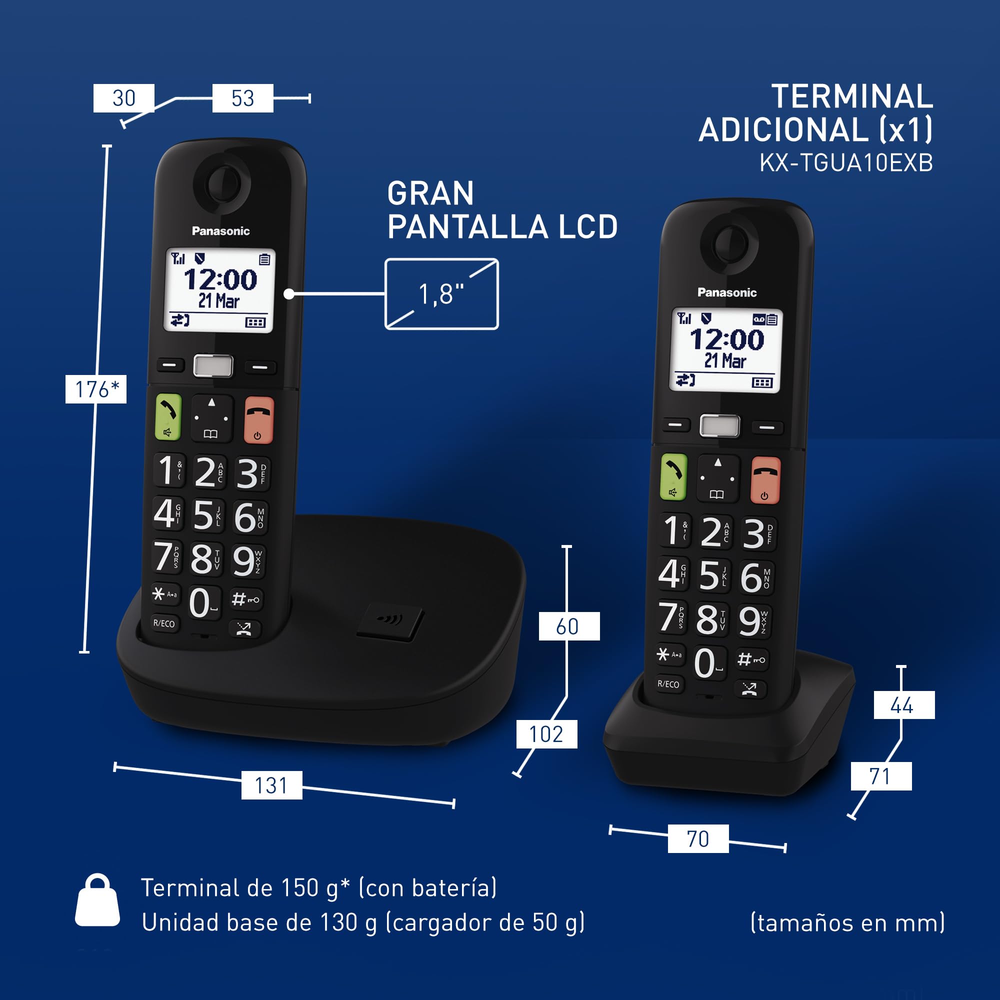 Panasonic KX-TGU112EXB Teléfono Inalámbrico Digital, Unidad Base y 2 Auriculares, Pantalla LCD, Botones Grandes, Llamada Favorita, Compatible con Audífonos, Negro — view 7