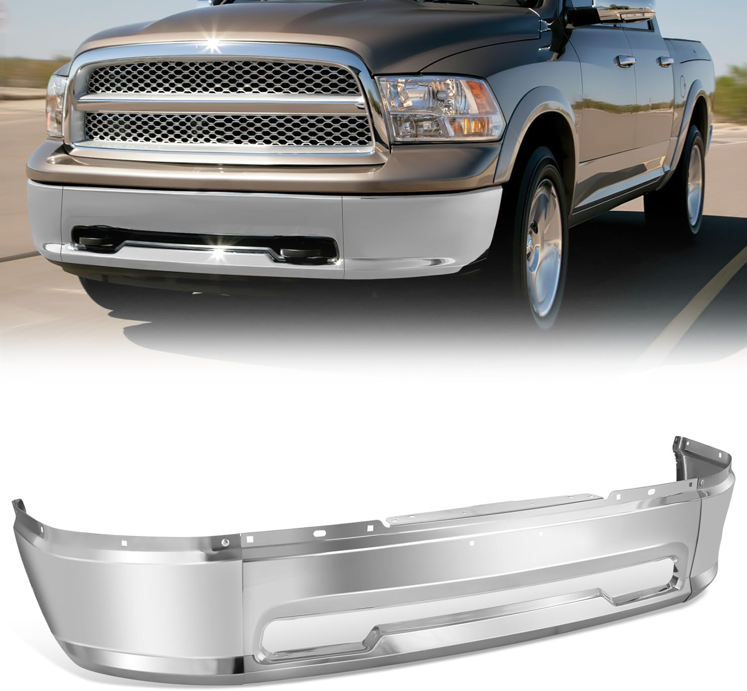 Steel Front Bumper Cover Face Bar Compatible with 2009-2010 Dodge Ram 1500 2011-2012 Ram 1500 Excludes Mega Cab 3-Piece Modular Design Without Fog Lights Cutouts Chrome 68206066AA CH1002385