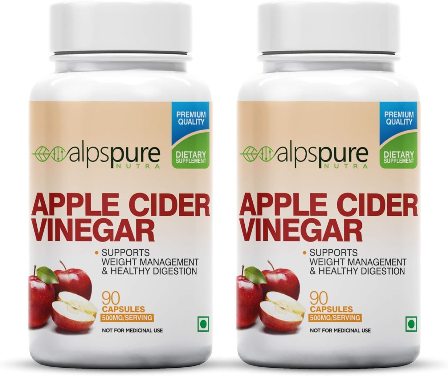 Alpspure Nutra Apple Cider Vinegar Capsules 500 Mg (Pack of 2-90 Veg Capsules Each) | | Supports Weight Loss | Boosts Metabolism | Improves Skin Health | Natural Fat Burner | For Men & Women