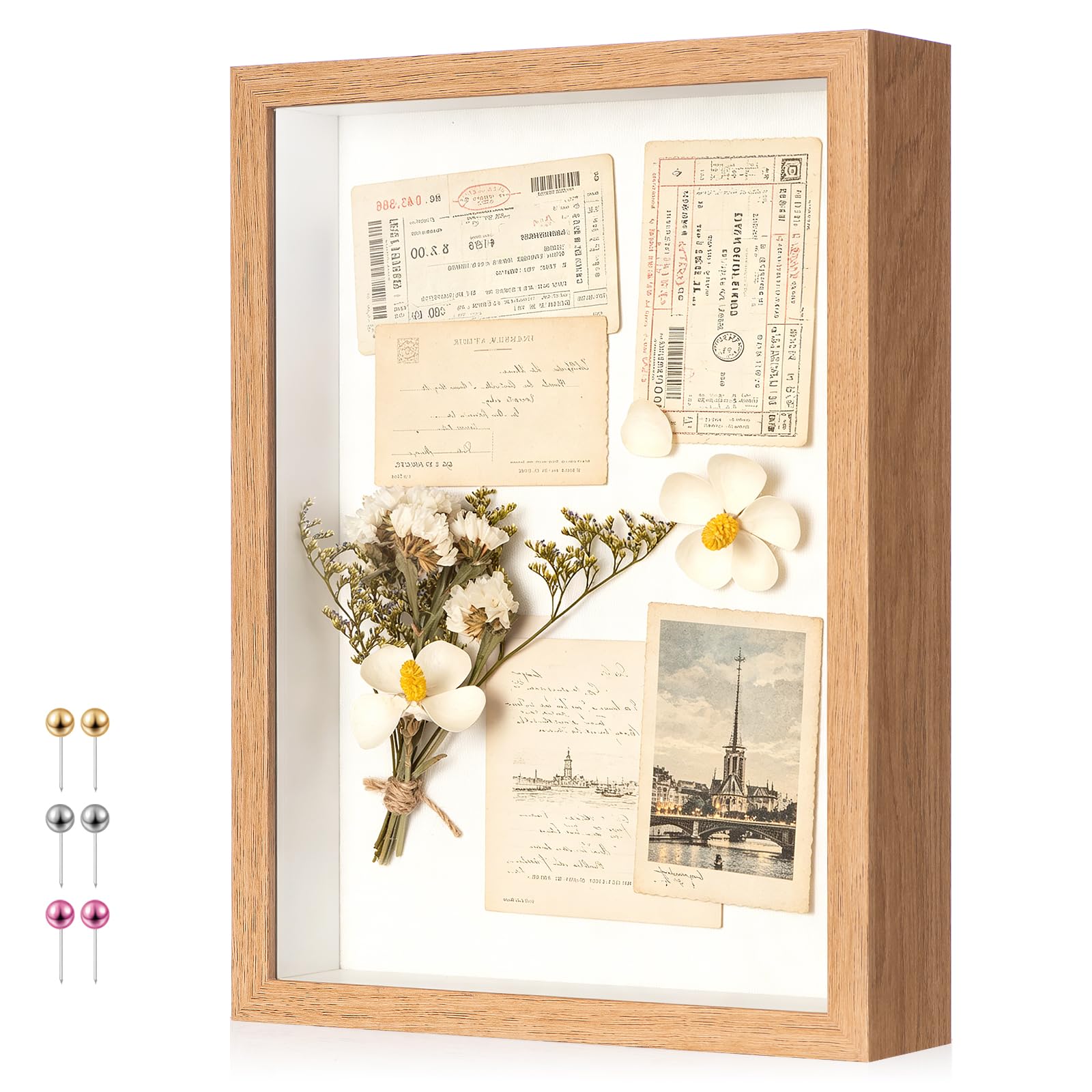 MGLIFEUL Wood Color A4 3d Deep Photo Shadow Box Frame with Genuine Glass Panel，Box Frames for Crafts 3d Deep for Filling Objects Pet Photos Artworks Memories Flowers Insect Medal Display