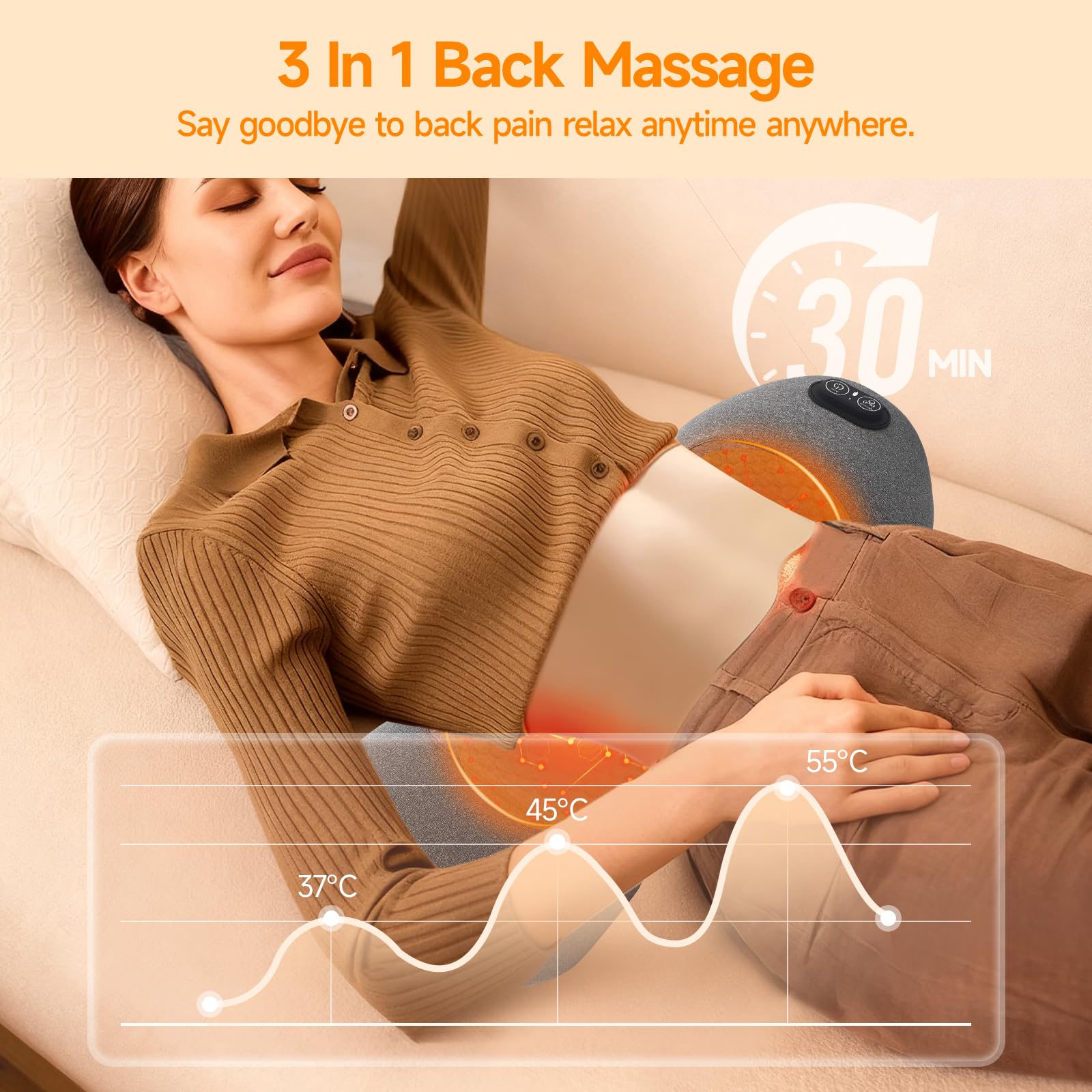Cuscino Lombare Massaggiante Ricaricabile 3-in-1 con Calore, Vibrazione e Trazione - Supporto Lombare Ergonomico 26° per Ufficio, Casa e Viaggi (Grigio Scuro)
