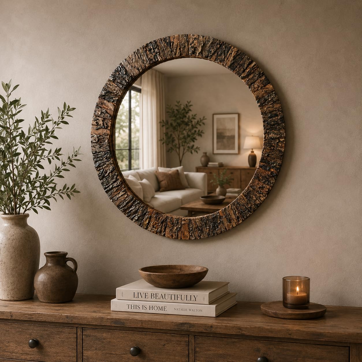 Handcrafted Round MDF Wall Mirror with Tree Bark Texture Finish, Decorative Accent Mirror for Living Room, Bedroom, Entryway, Hallway, Rustic Farmhouse Home Decor (Natural, 24" Inches, Round)-image-7