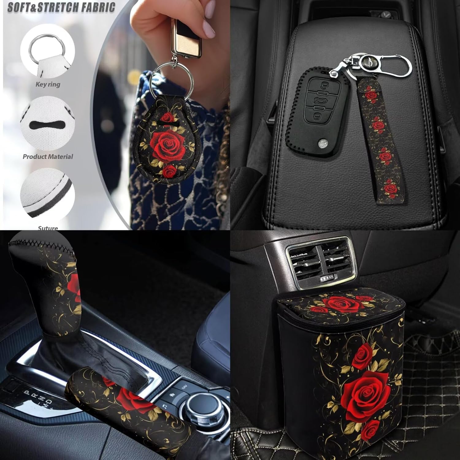 Romantic Rose Car Seat Cover Full Set for Women Auto Interior Seat Protector 17 Pack Vintage Hippie Rose Headrest Pillow Covers Automotive Cans Organizer Keychains Armrest Pad Cup Holder
